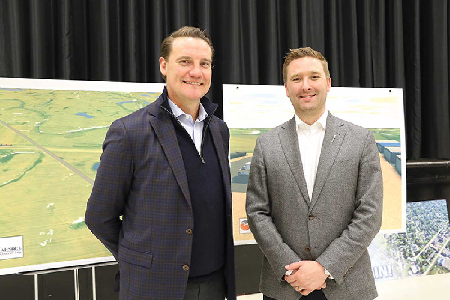 Nutrien Executive Vice President and President of Potash Chris Reynolds, left, and Saskatchewan Highways Minister Jeremy Cockrill, right, both announced new funding for Moosomin’s airport expansion project Wednesday. Nutrien has donated $2.7 million, and the province provided $1.3 million in new funding, bringing their total commitment to about $2.7 million.